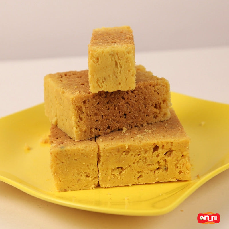 Soft mysore pak gulla sweet made with ghee and gram flour Indian dessert
