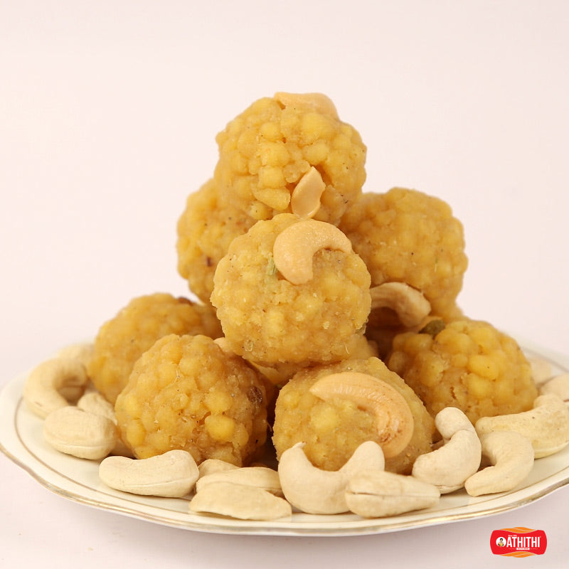 Traditional lavu boondi laddu sweet made with crispy boondi and syrup in Andhra style.