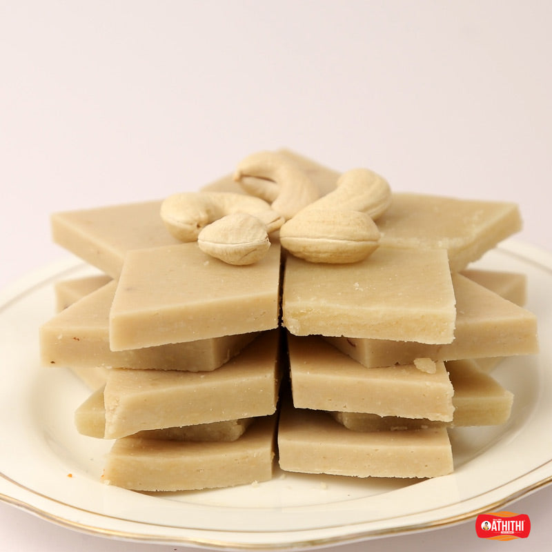 Premium Cashew Burfi topped with whole cashews, prepared in traditional Andhra style by Athithi Gruha Foods.