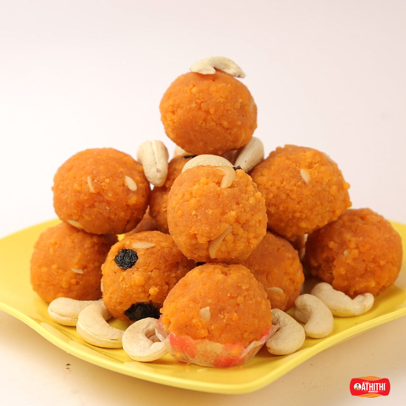 Soft motichoor laddu made with fine boondi and syrup festive sweet
