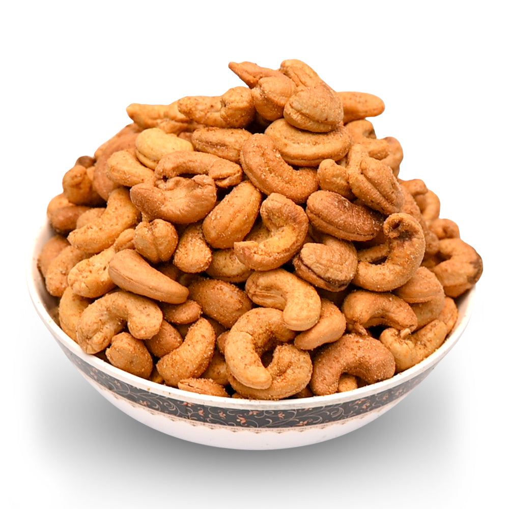 Crunchy roasted Masala Cashews (Cashew Kara) in a bowl, a traditional savory snack from Athithi Gruha Foods in Andhra Pradesh.