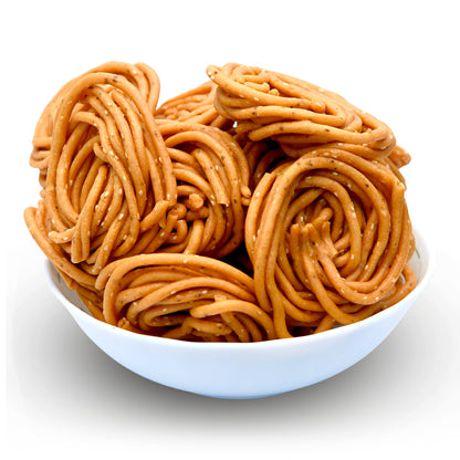 Crispy Andhra style dalsev snack served in traditional bowl
