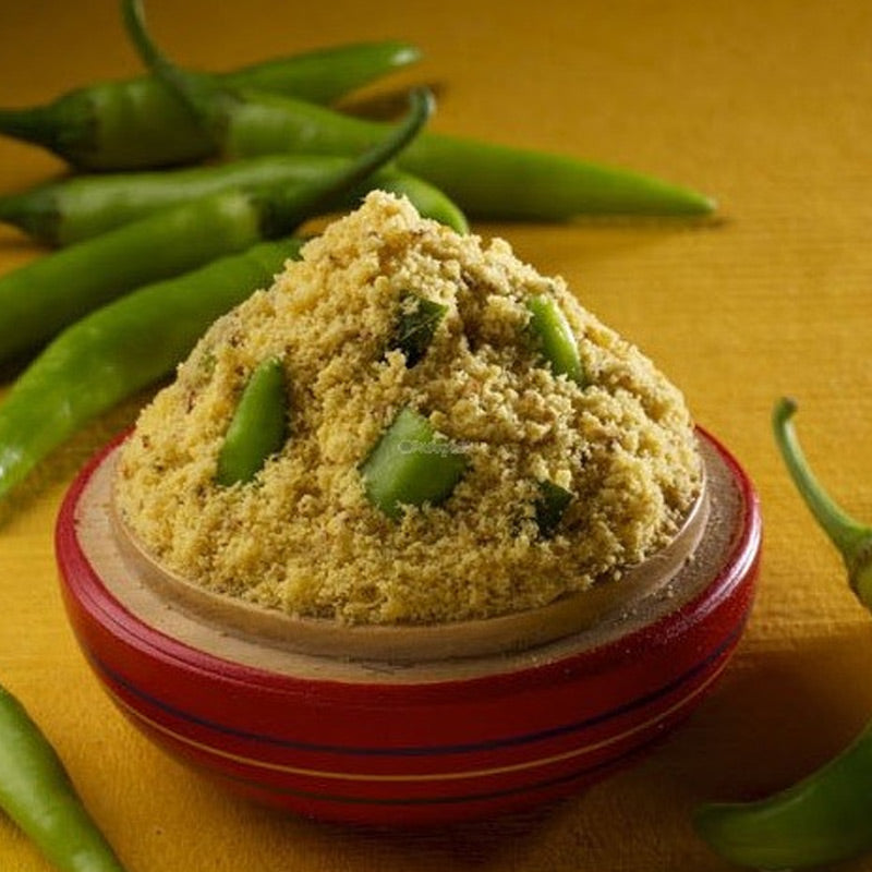 Andhra green chilli karam podi blended with oil traditional spice mix
