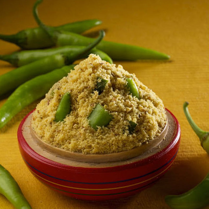 Andhra green chilli podi prepared with olive oil | healthy spice blend
