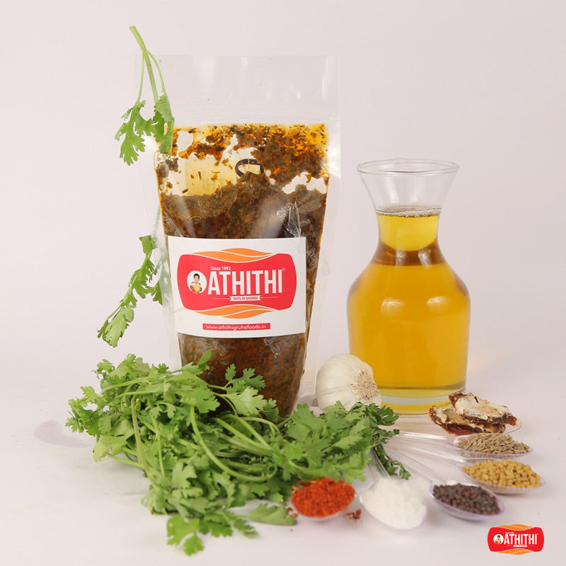 Fresh kotthimera pickle made with coriander leaves in Andhra avakaya style.