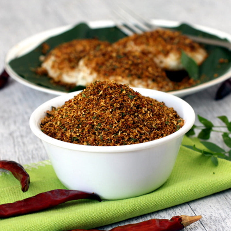 Andhra nalla karam spicy podi made with garlic and roasted spices
