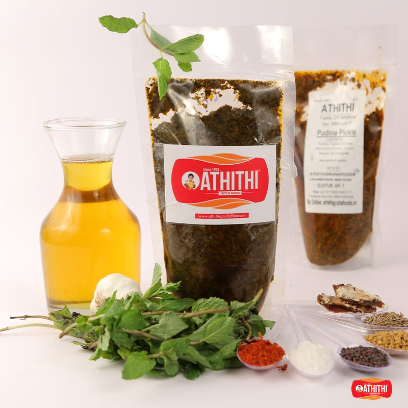 Pudina pickle made with mint leaves Andhra style