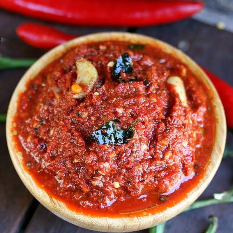 Red chilli pickle made with fresh chillies Andhra style spicy pickle