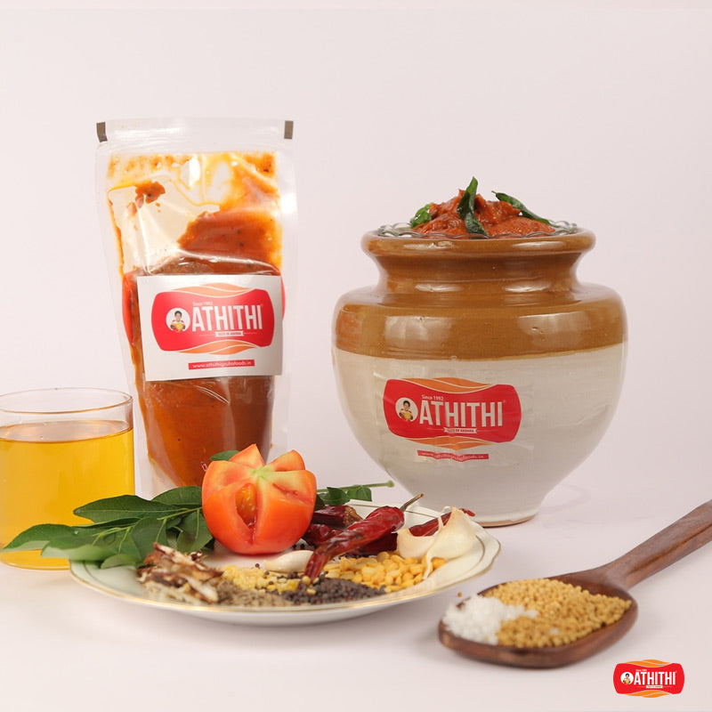tomato pickle with rich spicy flavor served with rice and South Indian meals